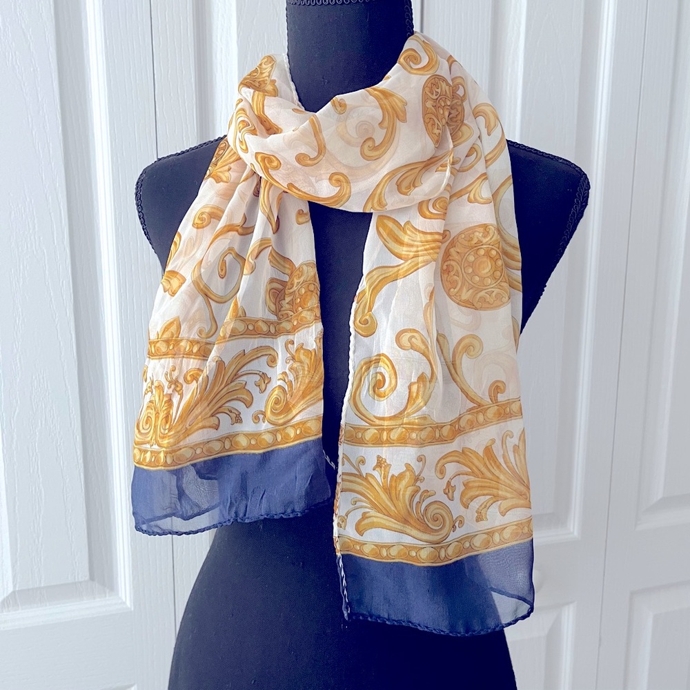 Elegant Gold and Navy Sheer Silk Scarf